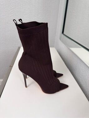 Knit Pointed-Toe Stiletto Sock Boot in Dark Brown NWOB